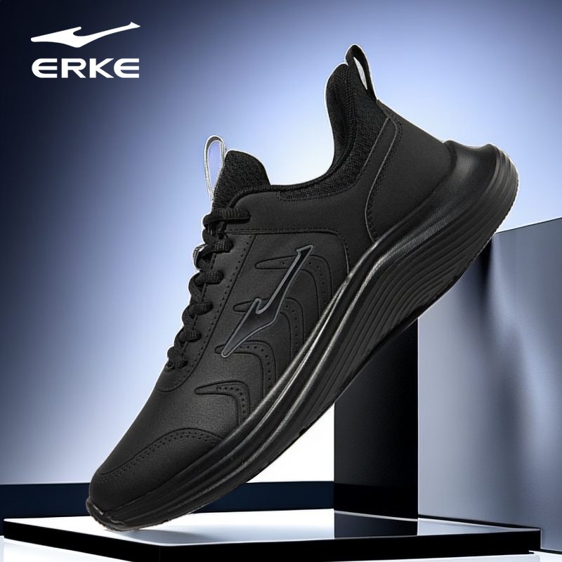 鸿星尔克皮面跑步鞋黑色男鞋