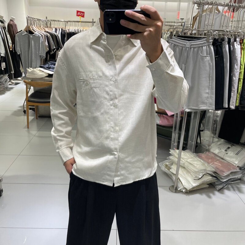 美式休闲宽松极简风亚麻工装长袖衬衣外套男士秋季新款老钱风衬衫