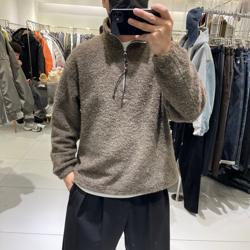 潮牌高级感半拉链羊毛混纺针织衫冬季时尚男宽松套头韩版毛衣外套,男装,针织衫/毛衣,淘宝优惠券,粉丝福利购,淘宝优惠卷