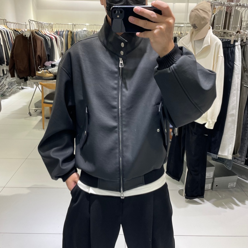 美式休闲高级感PU皮立领羽绒服