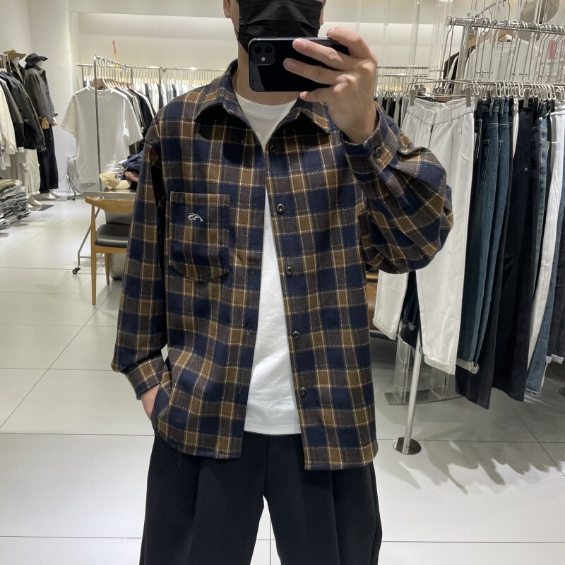 秋季新品新款男士复古撞色格子长袖衬衣外套韩版休闲宽松痞帅衬衫