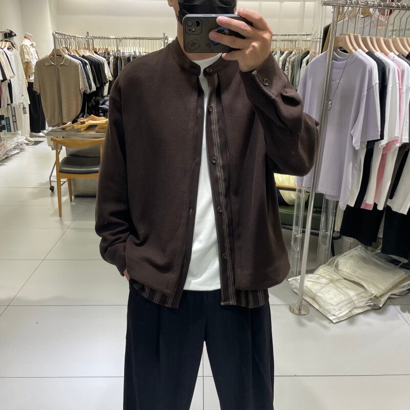 秋季男士衬衣拼接假俩件针织外套图片