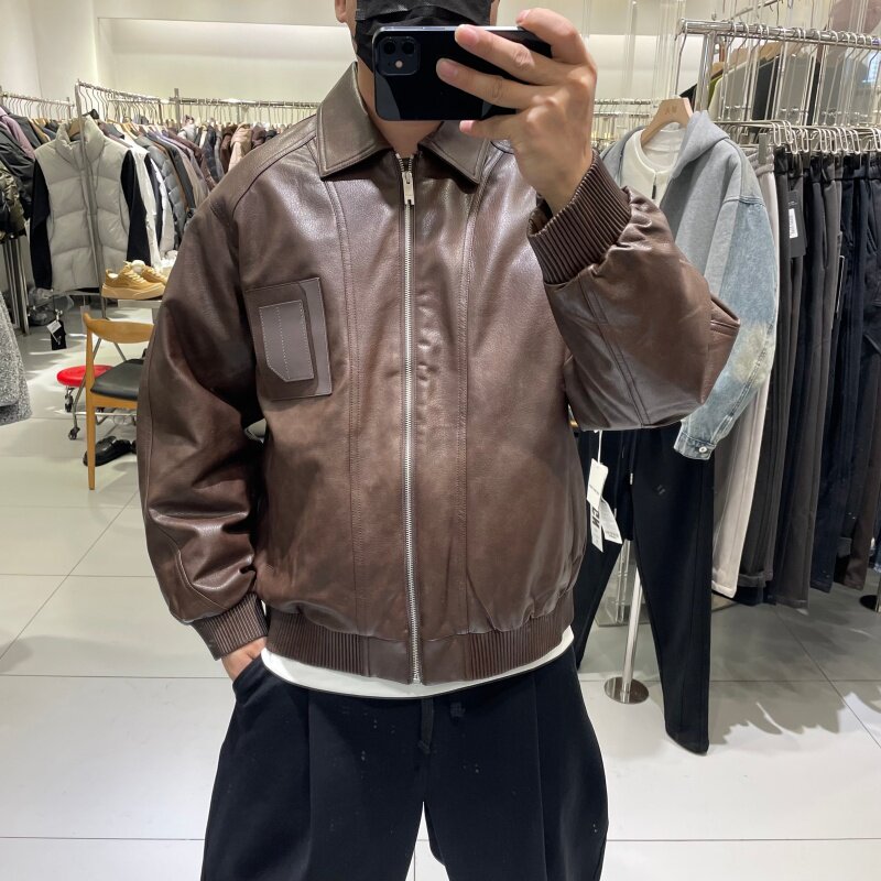 高端工装PU皮翻领白鸭绒羽绒服