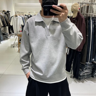 潮流时尚男士韩版宽松纯色假俩件polo领套头卫衣秋季新款休闲上衣