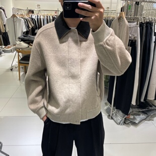 高端轻奢拼接撞色翻领双面呢羊毛尼大衣男士秋冬加厚尼子羊毛夹克