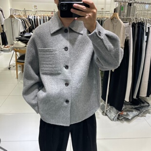 潮牌衬衣款翻领双面呢羊毛大衣男秋冬宽松加厚保暖羊驼毛尼子外套
