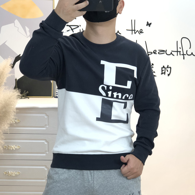 精神小伙长袖t恤男秋季新款拼接休闲打底衫潮牌套头圆领印花卫衣