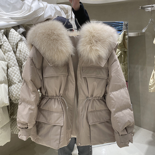 韩国东大门狐狸毛领工装羽绒服女短款2024冬新款抽绳收腰宽松外套