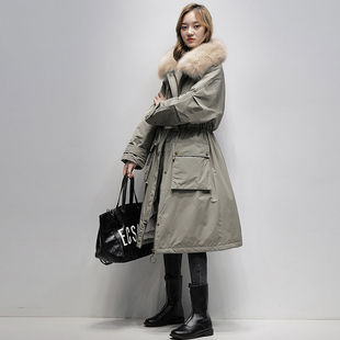 派克服女冬獭兔毛内胆时尚加厚羽绒服宽松韩版中长款皮草外套大衣