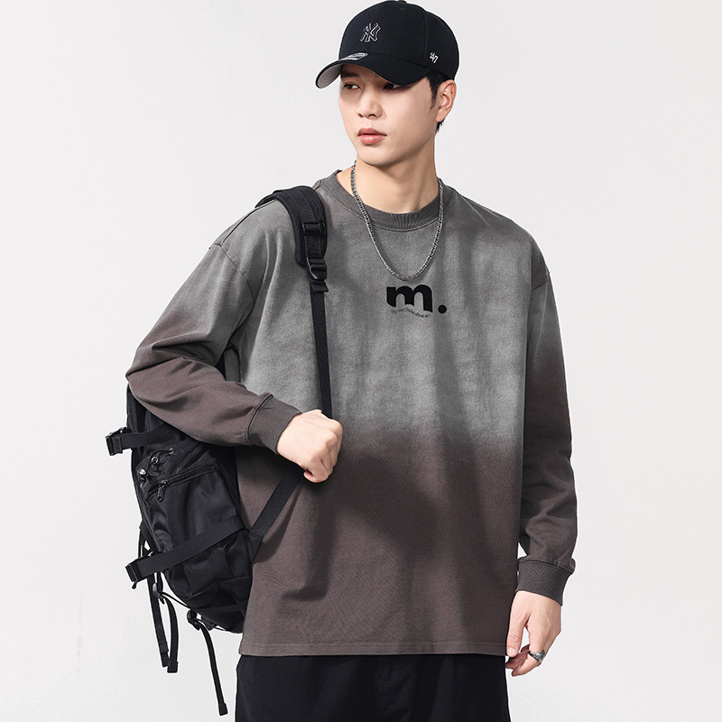 秋季新款纯棉长袖T恤衫加大码男青年渐变潮流宽松上衣圆领套头衫