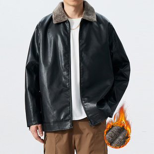 2025冬季加大码男装加绒PU皮衣潮胖子翻领加厚棉衣保暖外套350斤