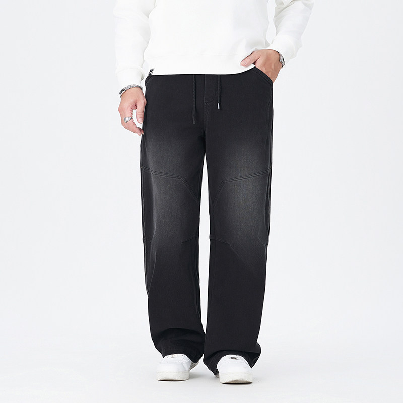 2025秋季男加肥加大码直筒牛仔裤松紧腰纯棉宽松休闲裤胖子阔腿裤