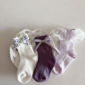 韩版 花边棉质蝴蝶结童袜女童儿童袜子洛丽塔春秋公主甜美中筒袜