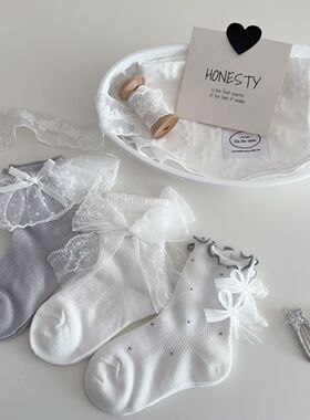 春夏薄款女童袜子女孩白色蕾丝蝴蝶结透气网眼女宝宝公主袜洛丽塔