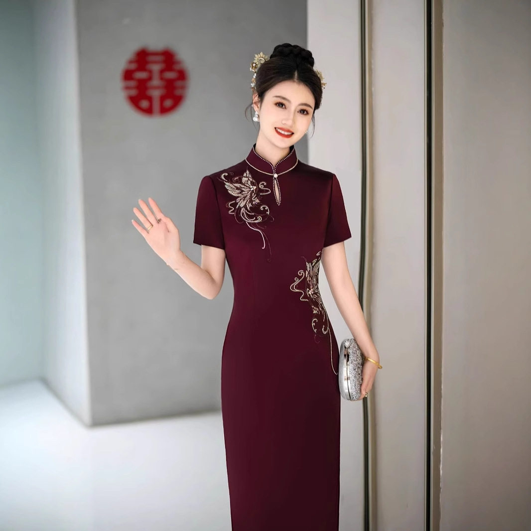 喜婆婆婚宴装2026新款春季高定醋酸旗袍连衣裙高贵喜妈妈婚宴