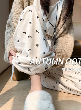 蝴蝶结糯米裤女春秋季2025新款高腰垂感休闲显瘦软糯白色阔腿