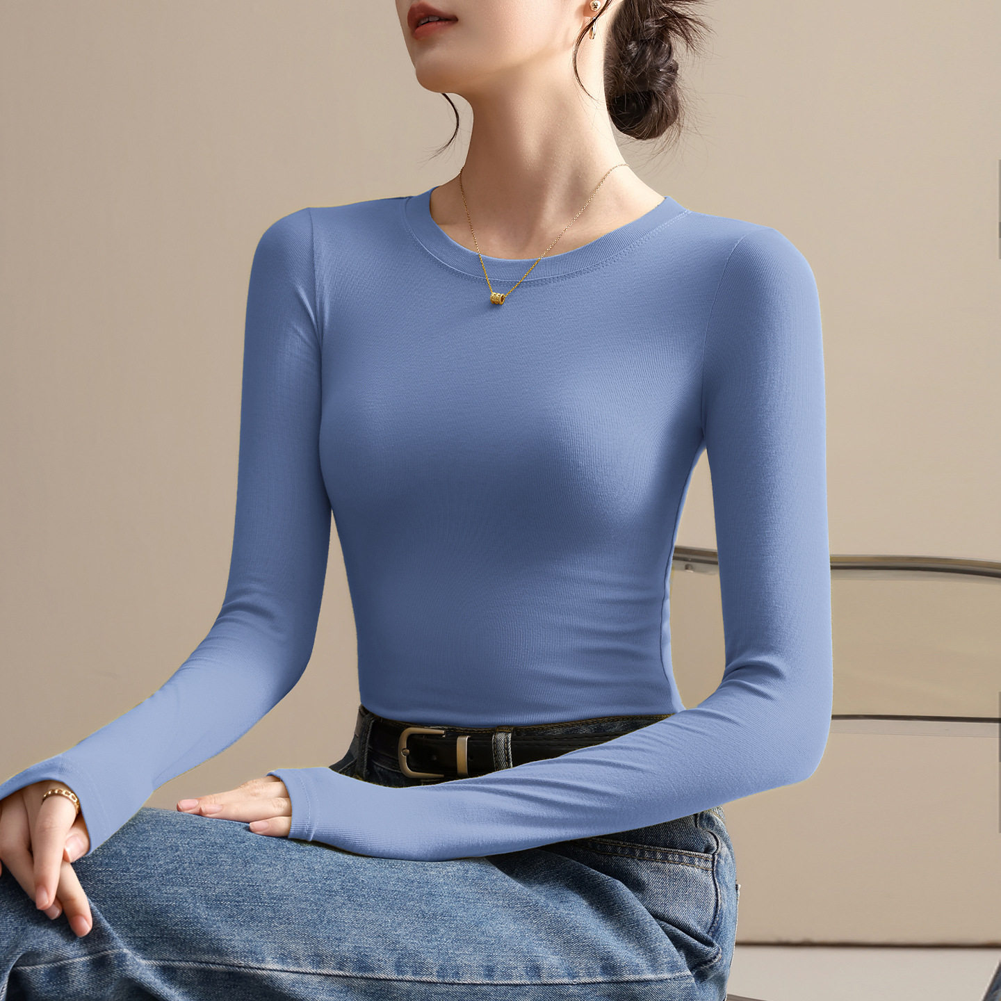 蓝色上衣t恤女士秋冬季2025新款圆领打底衫针织修身紧身时尚长袖