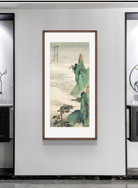 祁崑青绿山水图中式玄关装饰画书房客厅走廊挂画青山绿水仿古画框