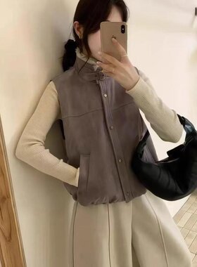 翻领仿羊羔毛拼接棉服马甲外套
