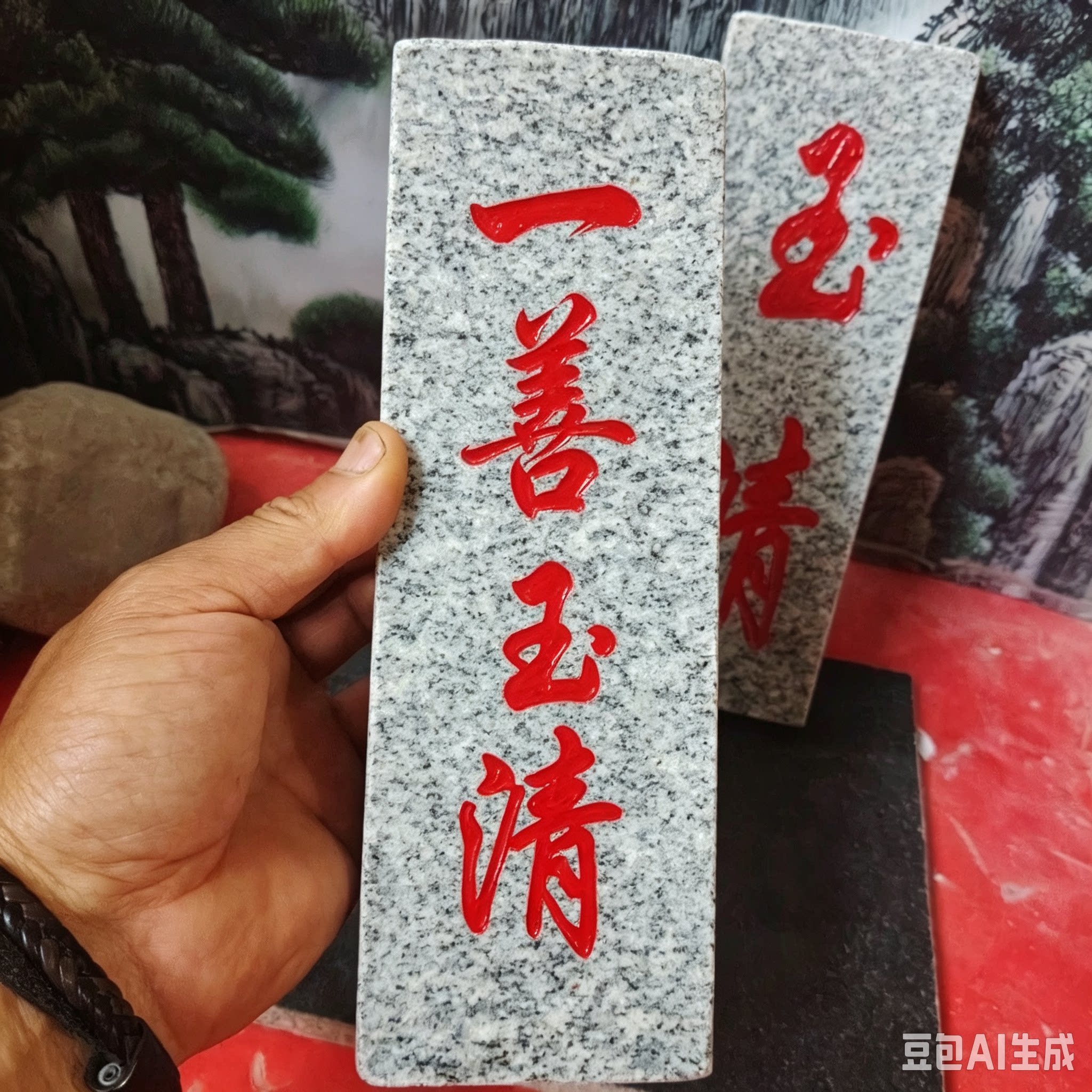 特价正宗一善玉清石牌竖款天然石板刻上红漆描朱砂室内外摆件补角