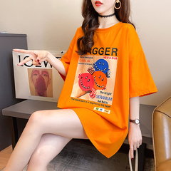 Real shot cotton net red same short sleeve T-shirt women's summer 2021 new hot drill medium long round neck top large women's wear