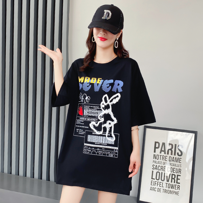 Original real shot cotton short sleeve t-shirt female Korean version lazy wind loose mid long summer new student