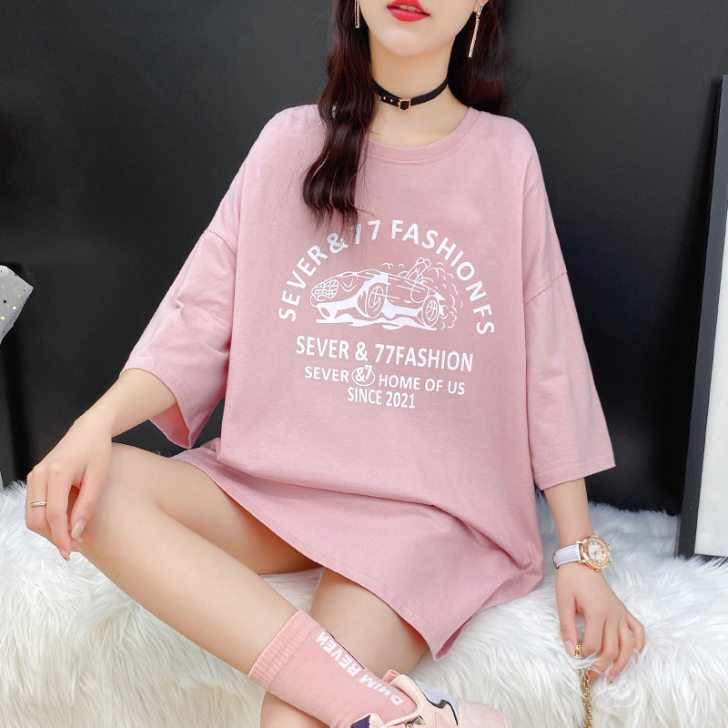 Real shot pure cotton T-shirt women's loose fitting short sleeve mid long summer new Korean student fashion brand top