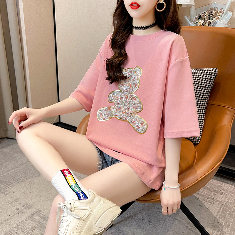 實拍棉質刺繡小熊短袖t恤女2021新款寬鬆大碼女裝網紅上衣