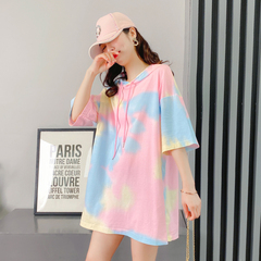 實拍純棉扎染連帽短袖t恤女寬鬆中長款夏季新款韓版學生ins潮