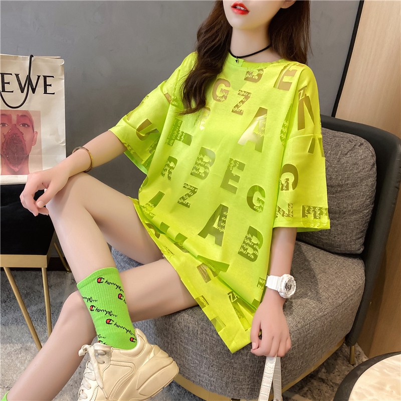 Real shot pure cotton summer loose medium length hollow large short sleeve T-shirt women's net red dress