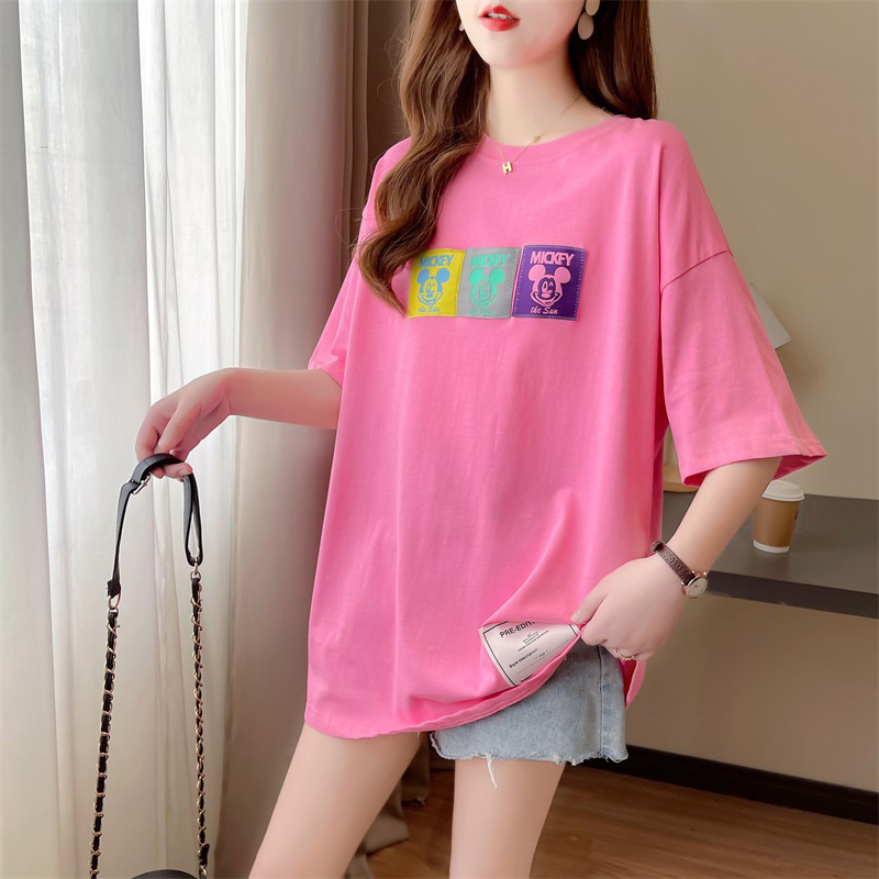 Real shot cotton cartoon stickers Korean Short Sleeve T-Shirt women's medium length ins top Chaowang red same size women's wear