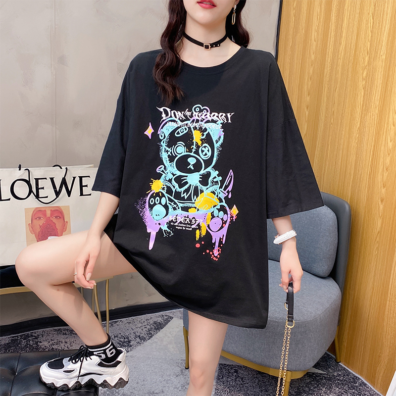 Real shot cotton t-shirt female student short sleeve loose medium length Korean summer new fashion clothes