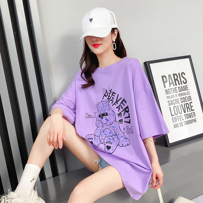 Original real shot cotton short sleeve T-shirt women's mid long loose Korean summer fashion brand bear top