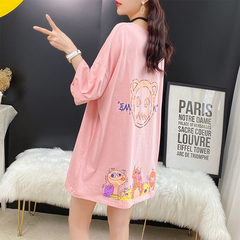 Real shot cotton short sleeve t-shirt female Korean version lazy wind loose mid long summer new student's T-shirt