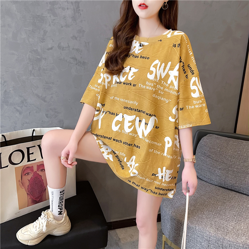 Real shot 2021 new slim large loose cotton print medium length short sleeve T-shirt dress