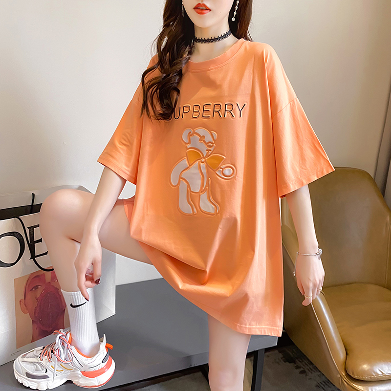 實拍棉質2021新款韓版寬鬆印花中長款大碼女裝短袖t恤女網紅同款