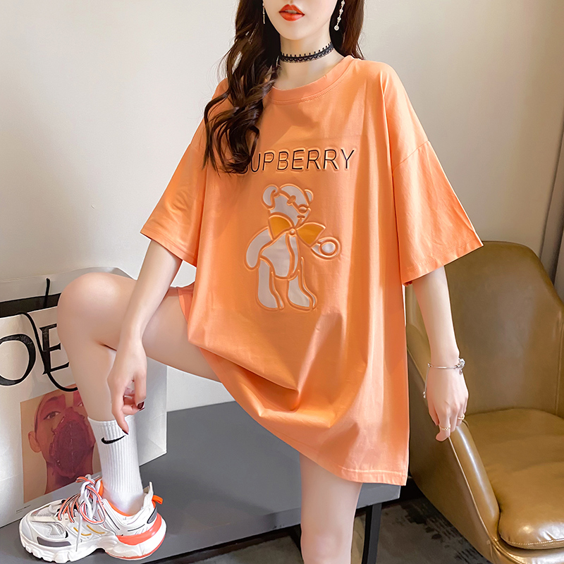 Real shot cotton 2021 new Korean loose print medium length large women's short sleeve T-shirt women's net red