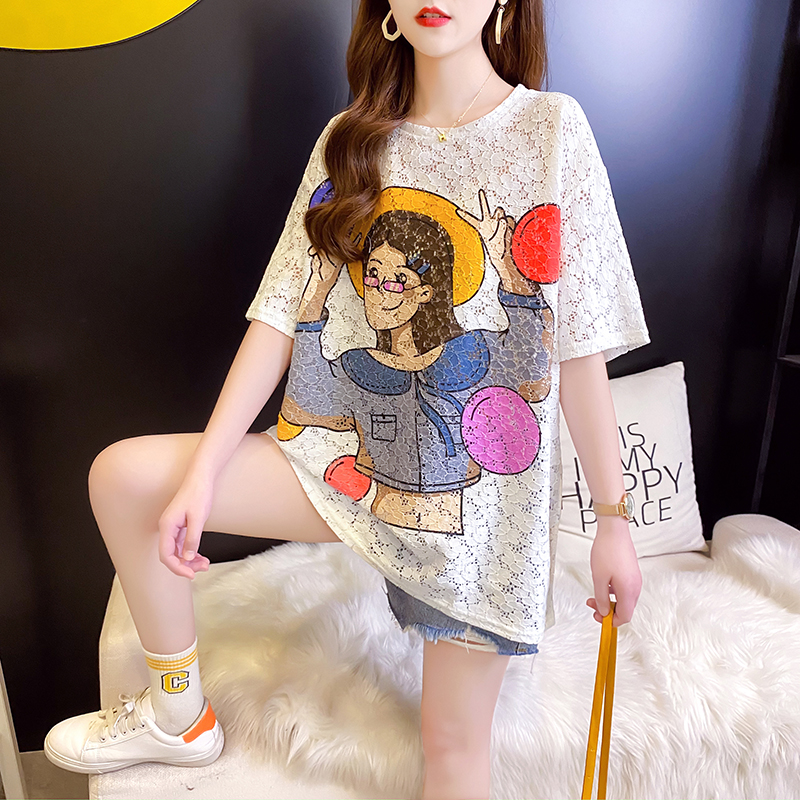 Real shot cut out lace cotton Japanese and Korean printing cartoon loose medium length short sleeve T-shirt women's net red