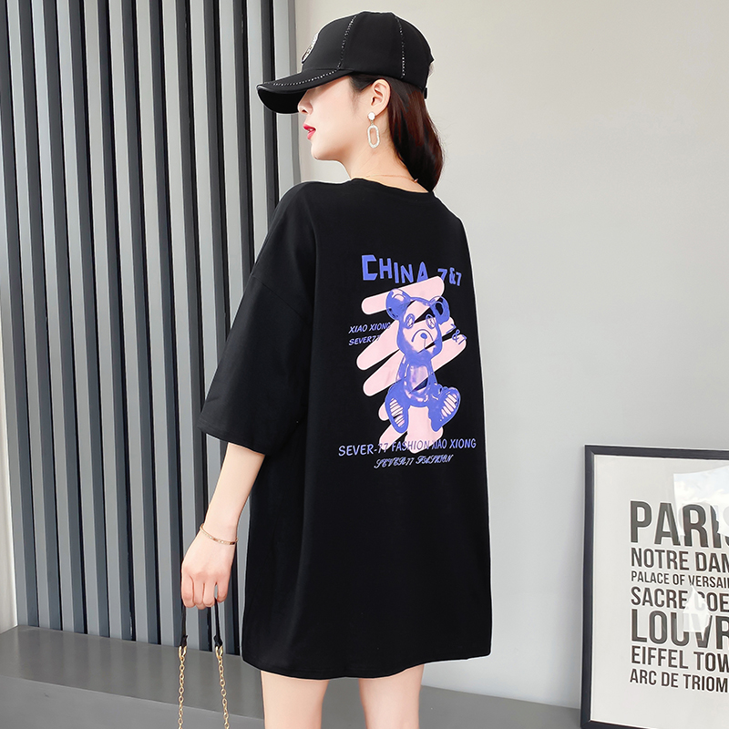 Original real shot pure cotton t-shirt female short sleeve loose medium length Korean summer fashion brand bear top