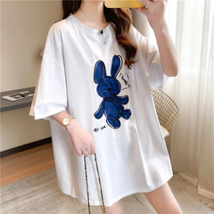 Real shot cotton Japanese and Korean embroidery medium length Chao brand cartoon rabbit short sleeve T-shirt blouse net red