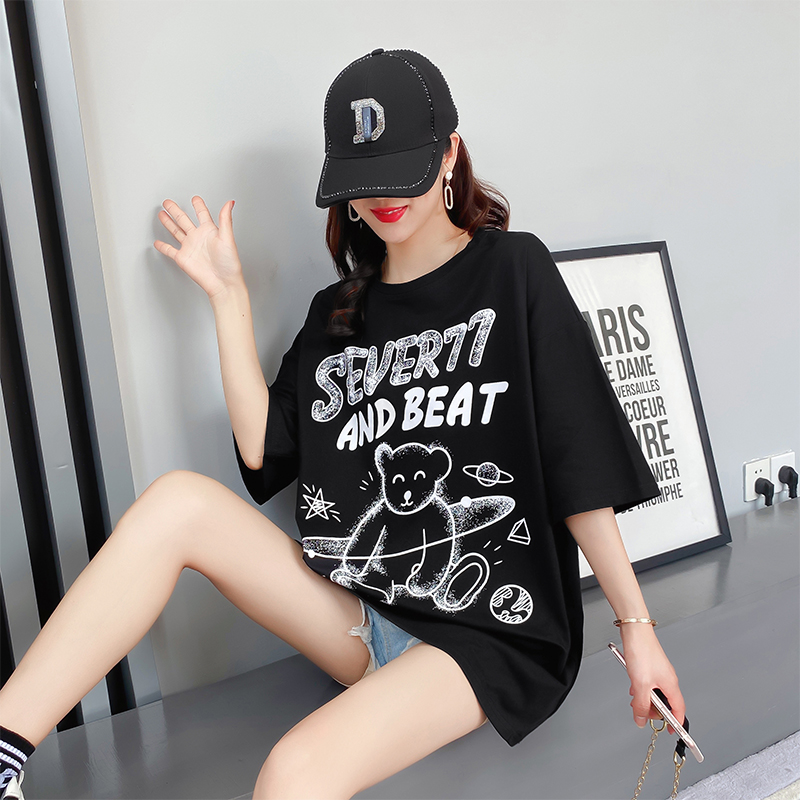 Original real shot cotton short sleeve T-shirt women's mid length loose summer new Korean inschao brand bear clothes