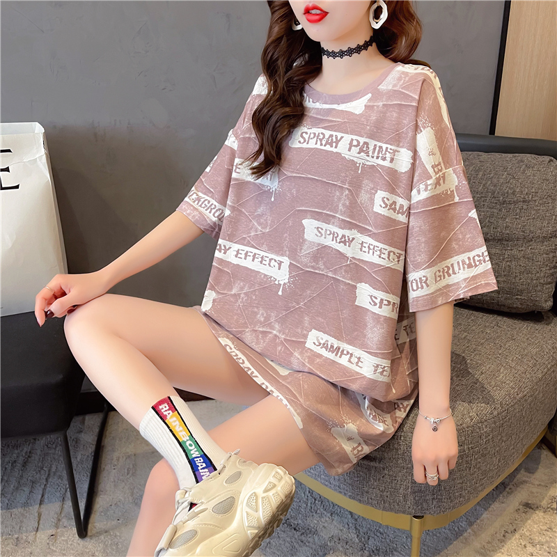 Real shot pure cotton summer loose medium length hollow large short sleeve T-shirt women's net red dress