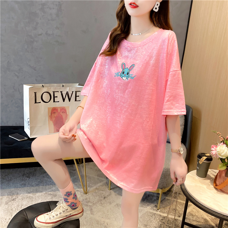 Real shot pure cotton summer loose medium length shiny print large short sleeve T-shirt women's net red dress