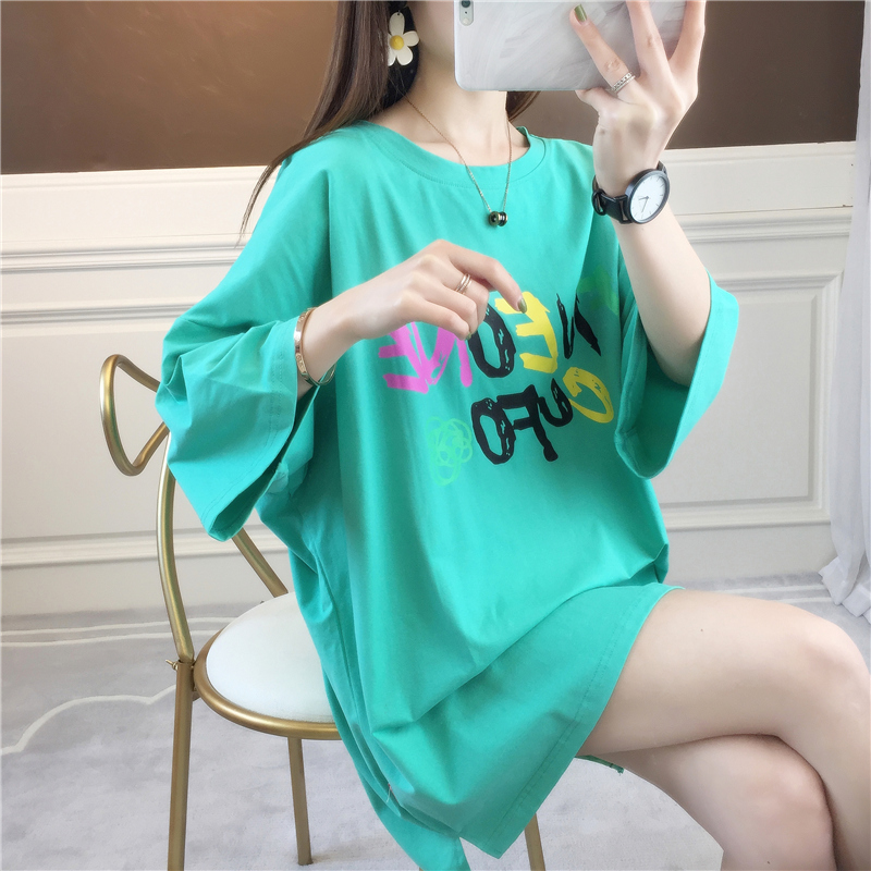 Real shot cotton summer new loose medium long print large round neck short sleeve T-shirt women's net red