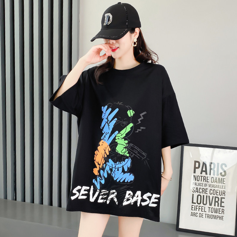 Original real shot pure cotton t-shirt female short sleeve loose medium length student Amoi ins T-shirt