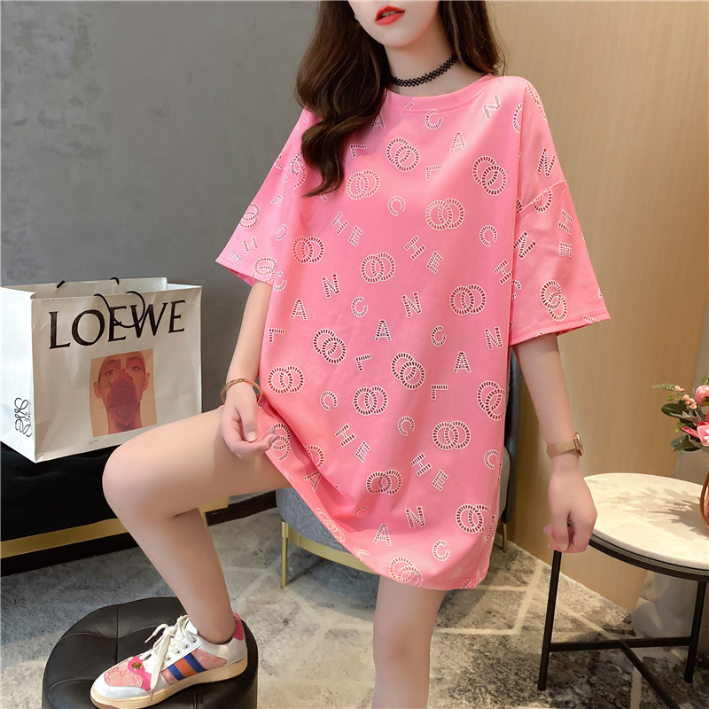 Real shot pure cotton summer loose medium length hollow large short sleeve T-shirt women's net red dress