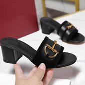 度假金属扣一字拖鞋 中跟拖鞋 女女鞋 法式 25夏季 新款 外穿凉拖鞋
