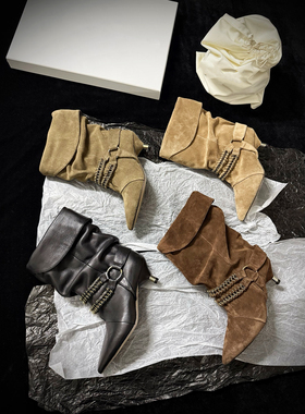 2025秋冬新款复古真皮尖头低跟皱褶中筒时装靴休闲套筒靴