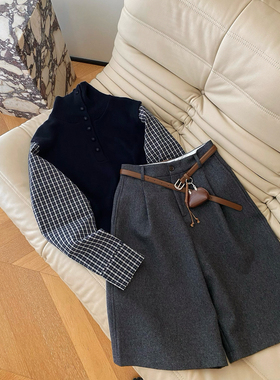 25秋冬新款小众设计复古格子拼显瘦接假两件针织衫+羊毛五分裤女