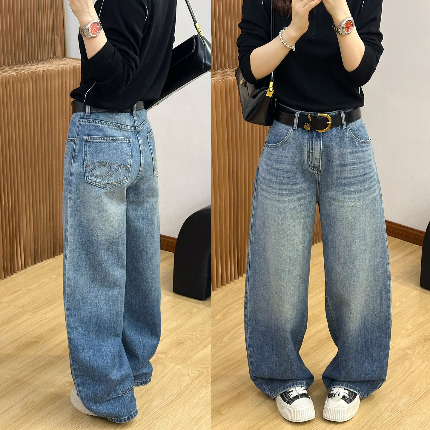 复古做旧弯刀阔腿牛仔裤女欧洲站2026春装新款欧货女装直筒裤子潮